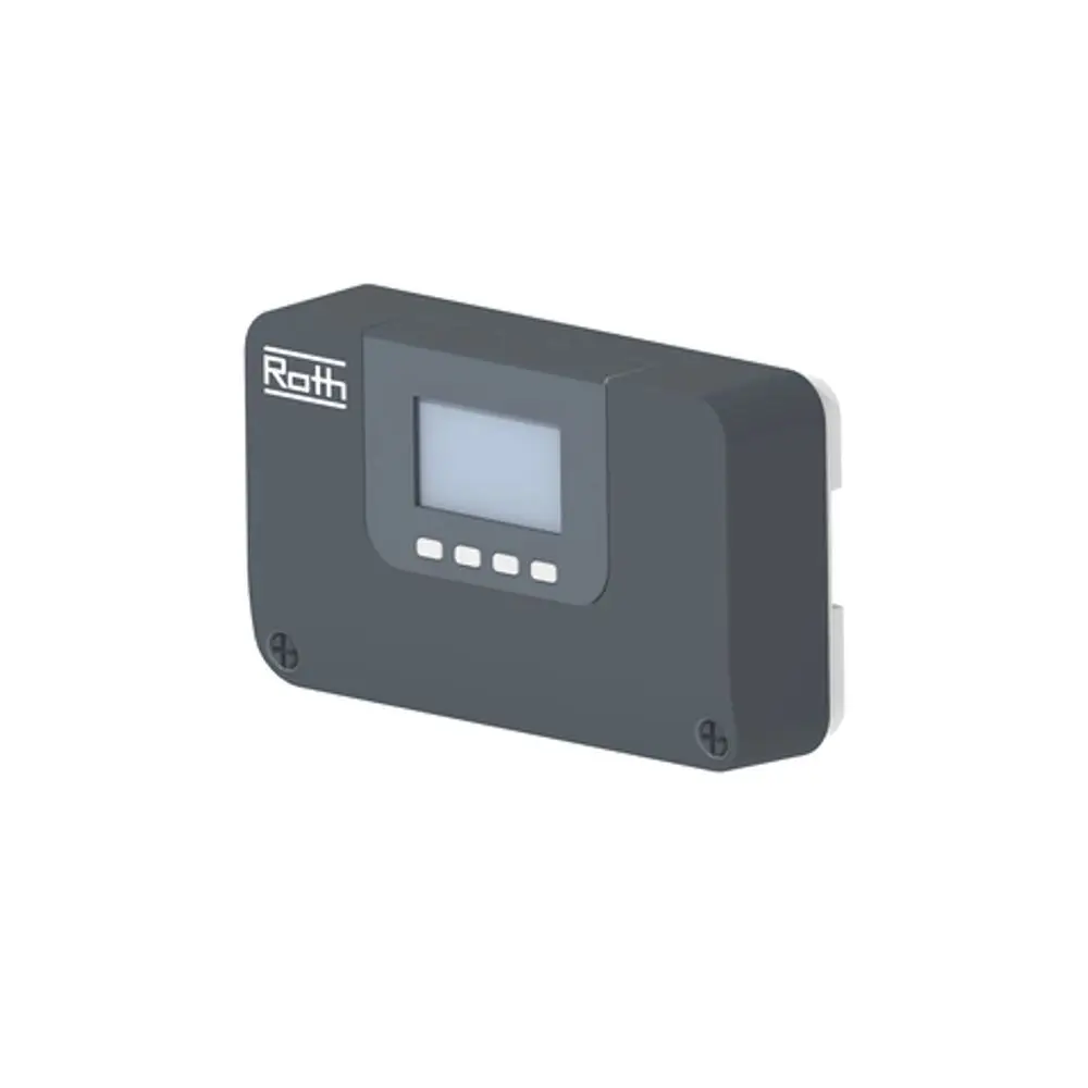 Funk-Anschlussmodul mit digitalem Display und Tasten, hergestellt von Roth. Das Modul hat ein kompaktes Design und dient der drahtlosen Verbindung in Heizsystemen.